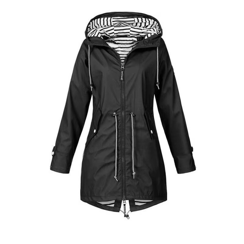 Lange Kapuzen-Regenjacke Mit Verstellbarem Taillenbund Für Damen | Ideal für Winter