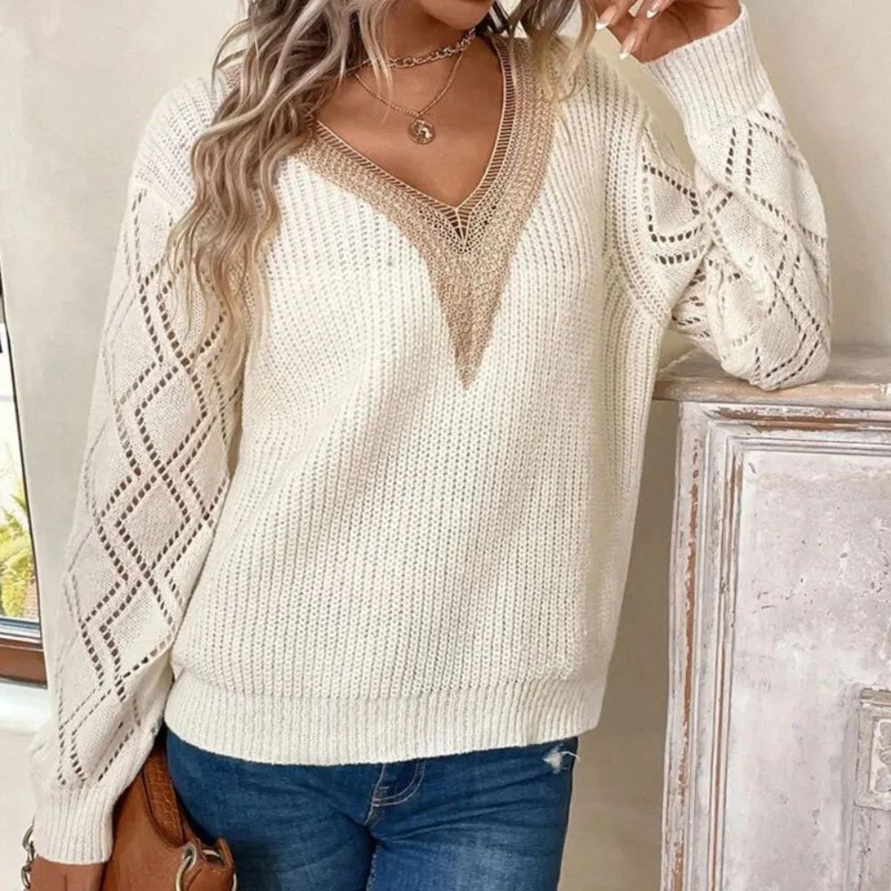 Strickpullover Mit Lochmuster Und V-Ausschnitt Für Damen | Ideal für Herbst/Winter