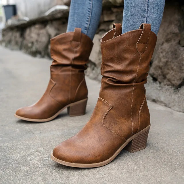 Western Cowboy Kunstleder Stiefeletten mit Absatz für Damen | Perfekt für den Alltag