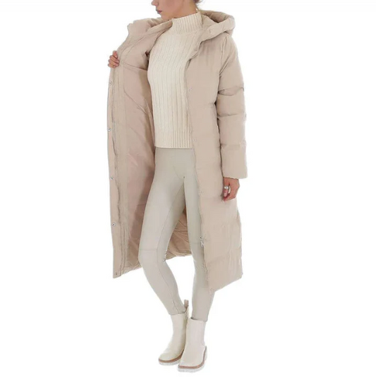 Lange Beigefarbene Stepp-Winterjacke Mit Kapuze Und Schlitz-Reissverschluss Für Damen | Ideal für Herbst/Winter